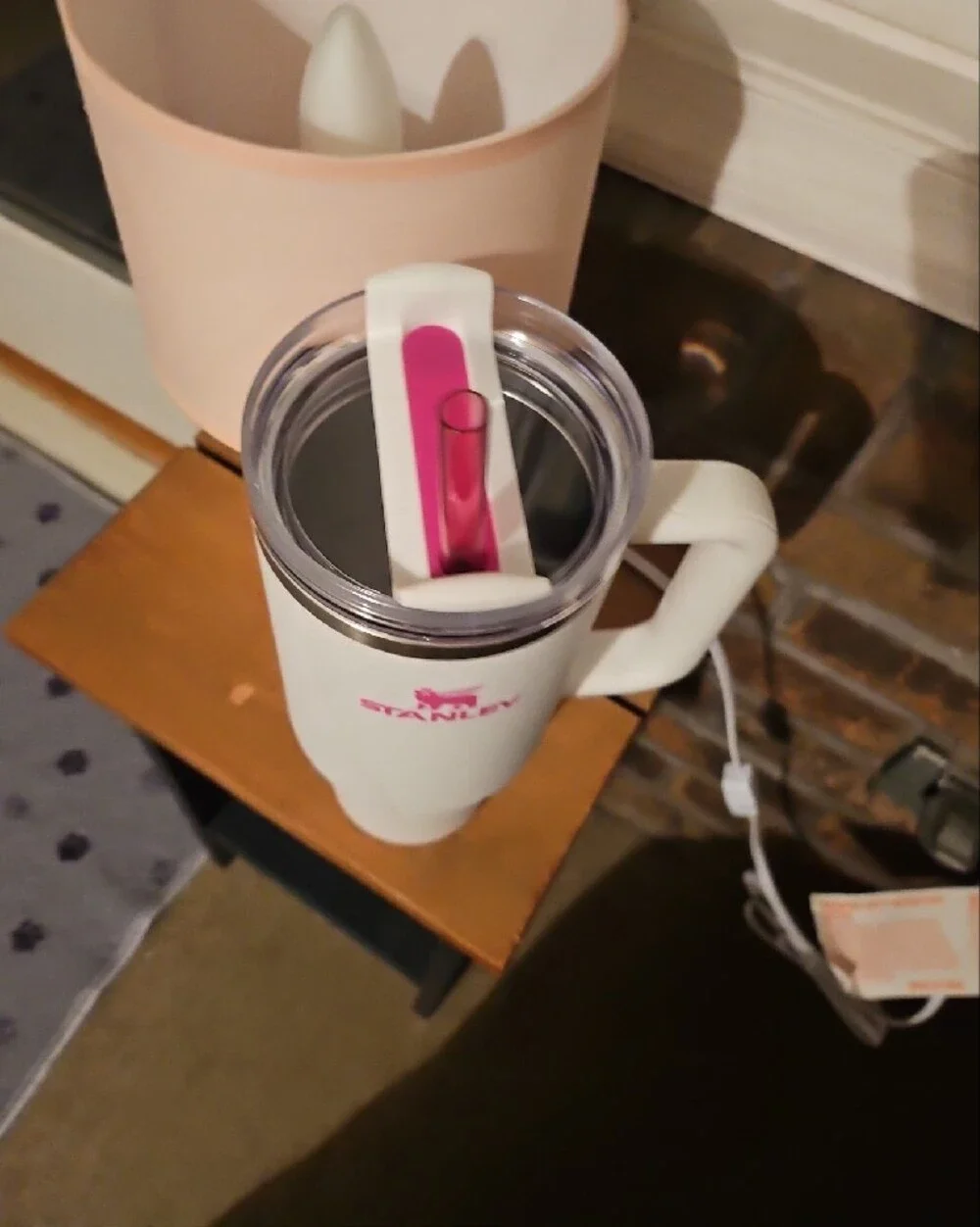 Stanley White 40 OZ Tumbler with Pink Logo and Straw - Picture 3 of 7